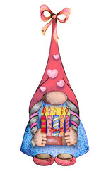 Watercolor Birthday Greeting Gnome. Happy Birthday Gnome