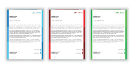 Modern  letterhead template. Attractive variations in three colors. Creative and clear letterhead design. 