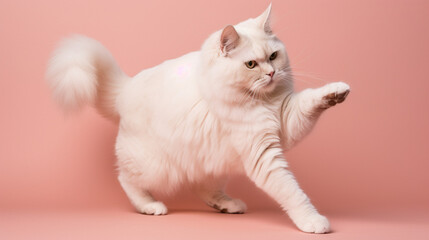 Pastel kittens. Happy cat ​​laughing on plain pastel background. Cute happy cat ​​jumping with open mouth. Cute backgrounds of cats in pastel colors. Image generated by AI.