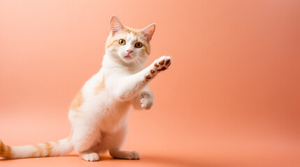 Pastel kittens. Happy cat ​​laughing on plain pastel background. Cute happy cat ​​jumping with open mouth. Cute backgrounds of cats in pastel colors. Image generated by AI.