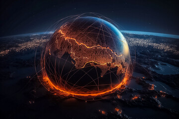 A glowing globe with an intricate network of dots, lines, and connections in orange, depicting a complex digital cyber system. generative AI.