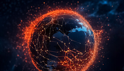 Obraz premium A glowing globe with an intricate network of dots, lines, and connections in orange, depicting a complex digital cyber system. generative AI.