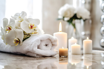 Fototapeta na wymiar relaxing spa retreat with flowers, candles and towels - generative ai