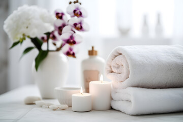 Obraz na płótnie Canvas relaxing spa retreat with flowers, candles and towels - generative ai