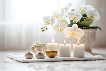 relaxing spa retreat with flowers, candles and towels - generative ai