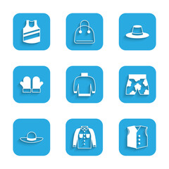 Fototapeta premium Set Sweater, Shirt, Waistcoat, Swimming trunks, Elegant women hat, Christmas mittens, Man and Undershirt icon. Vector