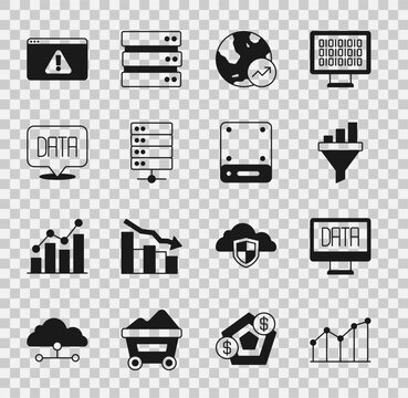 Set Pie chart infographic, Data analysis, Sales funnel with, Financial growth, Server, Browser exclamation mark and icon. Vector