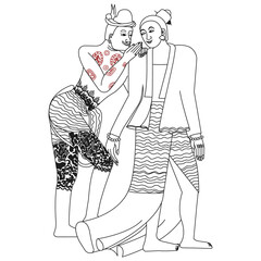 Cartoon character Kachib Rak. Northern Thailand, Nan province. Thai style women and men, Wat Phumin