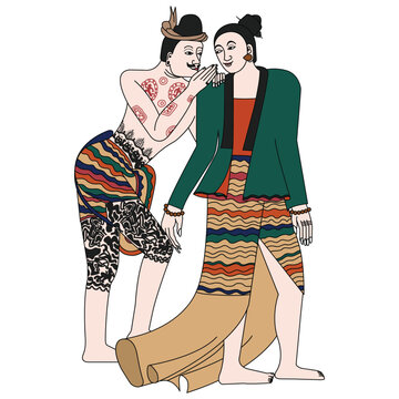 Cartoon character Kachib Rak. Northern Thailand, Nan province. Thai style women and men, Wat Phumin