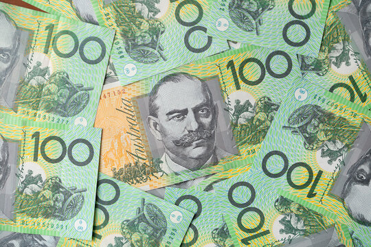 close up of Australian one hundred dollar bills on the table background, finance, currency and business concept