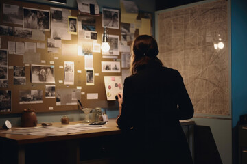 Detective standing in front of evidence board and analyzing information of crime in police office. Created with Generative AI