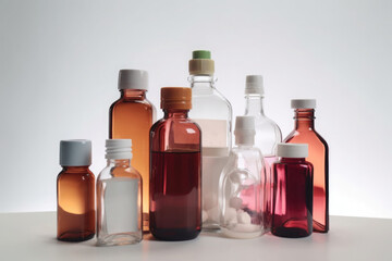 Different types of medicine bottles. Medical product for health care. Pharmacy items. Created with Generative AI