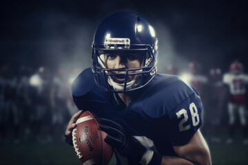 American football player in uniform and helmet holds ball at stadium. Created with Generative AI