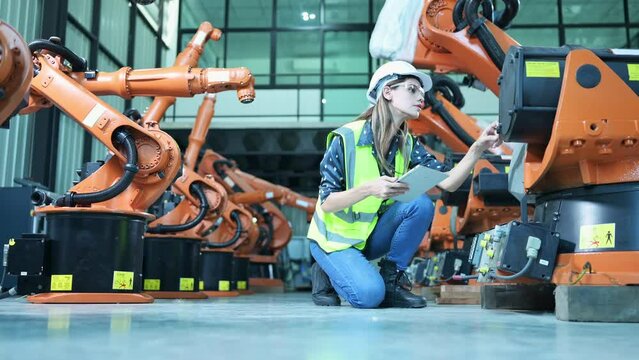 Female Technician Inspecting and repairing robotics arm in robots hangar and test the operation of the machine after being used for a while, as well as updating the software and calibration