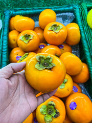 Ripe persimmons in wicker baskets at market
