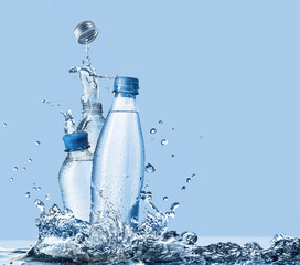 Naklejka na ściany i meble Plastic drinking water bottles and water splashes