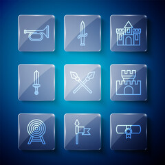 Set line Target with arrow, Medieval spear, Decree, parchment, scroll, Castle, fortress, Crossed medieval spears, sword, Trumpet and icon. Vector