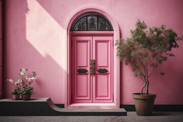 Fototapeta na wymiar Pink door with flower, wall, window, and frame. Generative AI