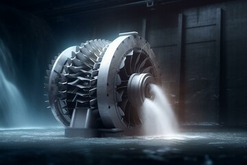 3D hydro turbine with spiral case and water guides on white background for a powerful hydroelectric plant. Generative AI