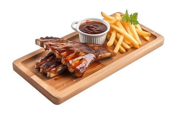 Grilled ribs on a tray with barbecue sauce and french fries on cutout PNG transparent background. Generative AI - obrazy, fototapety, plakaty