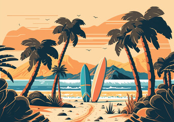 Ocean beach with surfboards. Surfing on the island against the background of mountains and palm trees. Vector flat illustration EPS 10 - obrazy, fototapety, plakaty
