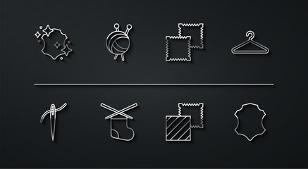 Set line Leather, Needle with thread, Hanger wardrobe, Textile fabric roll, Knitting needles, Yarn ball knitting, and icon. Vector