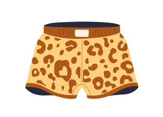 Men trunks, underwear with leopard print. Leo animal pattern boxers, shorts design. Male panties, briefs with animalistic print. Undergarment. Flat vector illustration isolated on white background