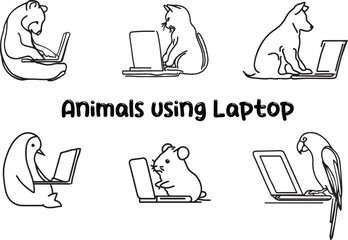 Animals using laptop and seriously working line art vectors silhouette