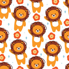 Fototapeta premium seamless pattern cartoon lion and flower. cute animal wallpaper illustration for gift wrap paper