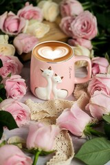 coffee with flowers, still life and pink concept