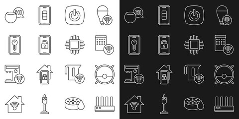 Set line Router and wi-fi signal, Robot vacuum cleaner, Air humidifier, Smart home, Digital door lock, key, Voice assistant and Processor with CPU icon. Vector