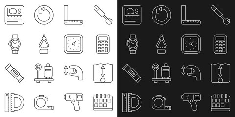 Set line Calendar, Depth measurement, Calculator, Corner ruler, Drawing compass, Wrist watch, Area and Clock icon. Vector