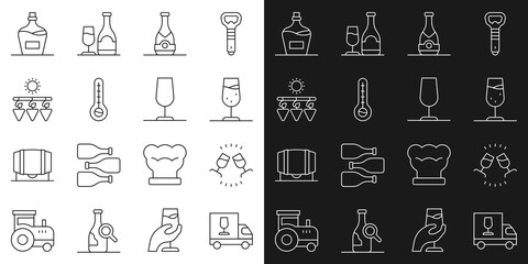Set line Wine truck, tasting, degustation, glass, Champagne bottle, Meteorology thermometer, Drying grapes, Old of wine and icon. Vector