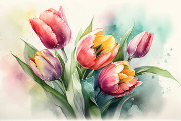 Spring bouquet of tulips painted in watercolor. A gift for Women's Day or Mother's Day. Vector illustration EPS 10