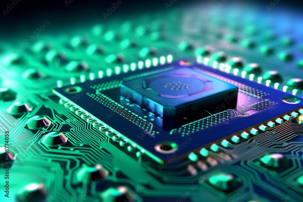 Poster technology chip circuit board background, futuristic generative ai illustration of microchip process