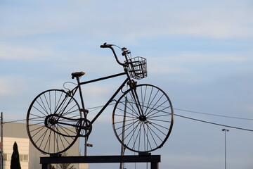 Teruel, Spain-February 18, 2023..bicycle in a traffic roundabout tribute to two-wheeled transport
