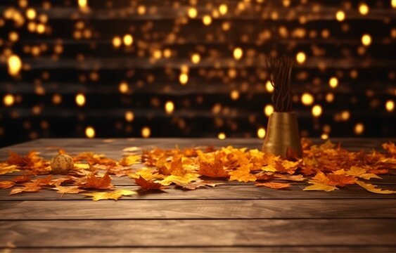Autumn leaves on wooden table, beautiful falling leaves natural background, generative ai