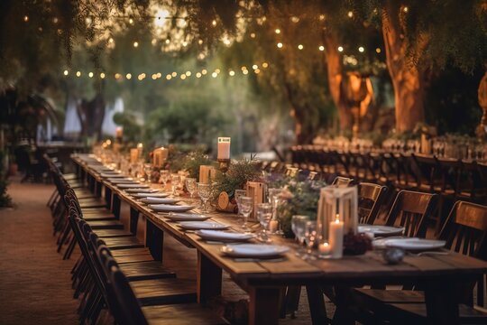 Festive outdoor autumn table setting, generative ai