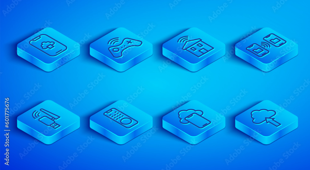 Poster set line cloud technology data, wireless gamepad, smart home with wi-fi, remote control, data transf
