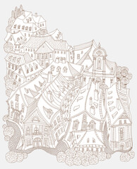 Vector brown outline fantasy landscape, fairy tale small town medieval buildings. Coloring Book page, Travel brochure 