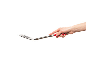 Female hand hold spatula. Isolated on a white background