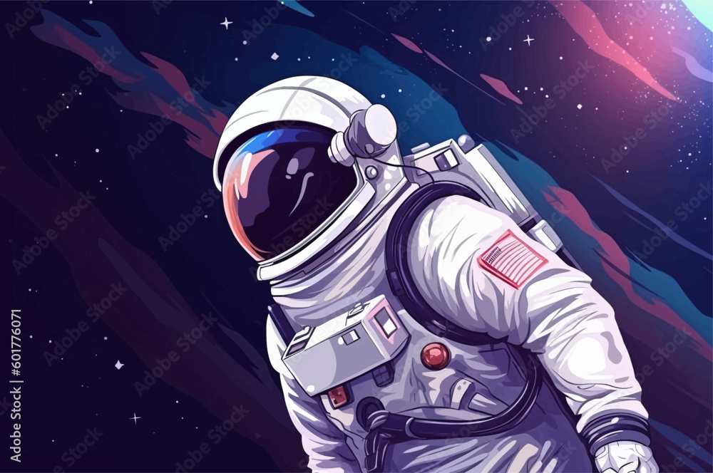 Wall mural astronaut in a space suit is flying in space next to planets and stars. vector illustration eps 10