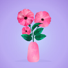 Bouquet of hibiscus flowers in a vase. Vector illustration on a colored background. Template for congratulations and invitations, banner, poster..