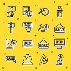 Set line Hand holding auction paddle, Online, Price tag with Sale, Auction hammer, Bid, and price icon. Vector