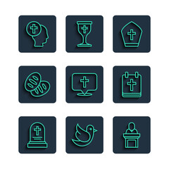 Set line Grave with tombstone, Dove, Church pastor preaching, Pope hat, Location church building, Christian bread, Priest and Calendar Easter icon. Vector