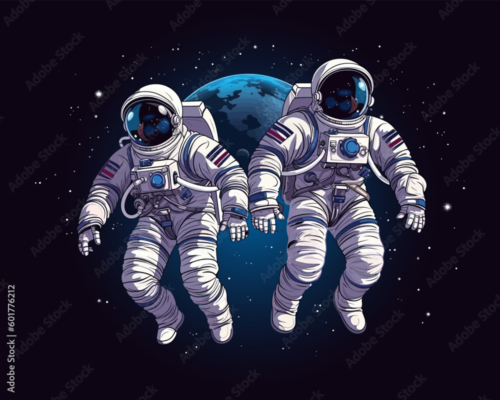 Wall mural two astronauts in space suits flying in outer space next to planets and stars. vector illustration e