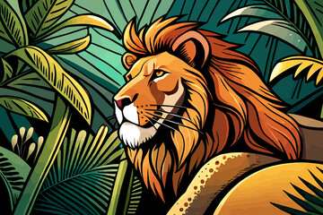 Lion in the forest open leaves and confident courage