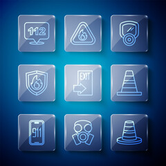 Set line Mobile emergency call 911, Gas mask, Traffic cone, Fire exit, protection shield, Emergency and icon. Vector