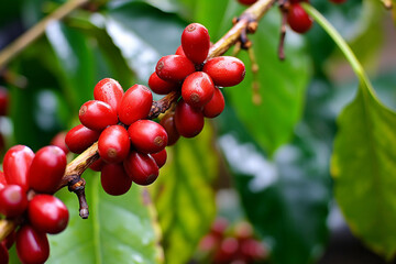 Obraz premium ripe coffee balls organic red berries coffee beans , Generative AI