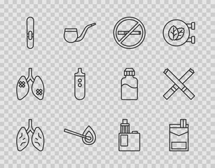 Set line Lungs, Cigarettes pack box, No smoking, Burning match with fire, Electronic cigarette, Vape mod device and icon. Vector